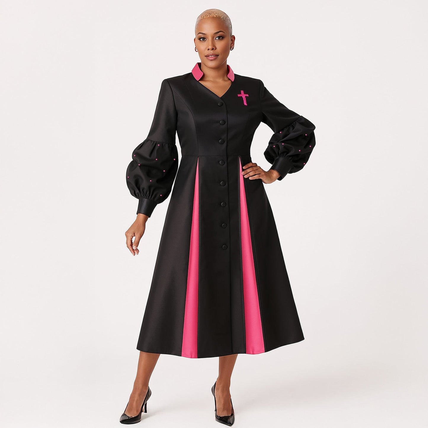 Black women's modern cassock robe with fuchsia trim panel and bishop sleeves, model front view with hand on hip — Tally Taylor