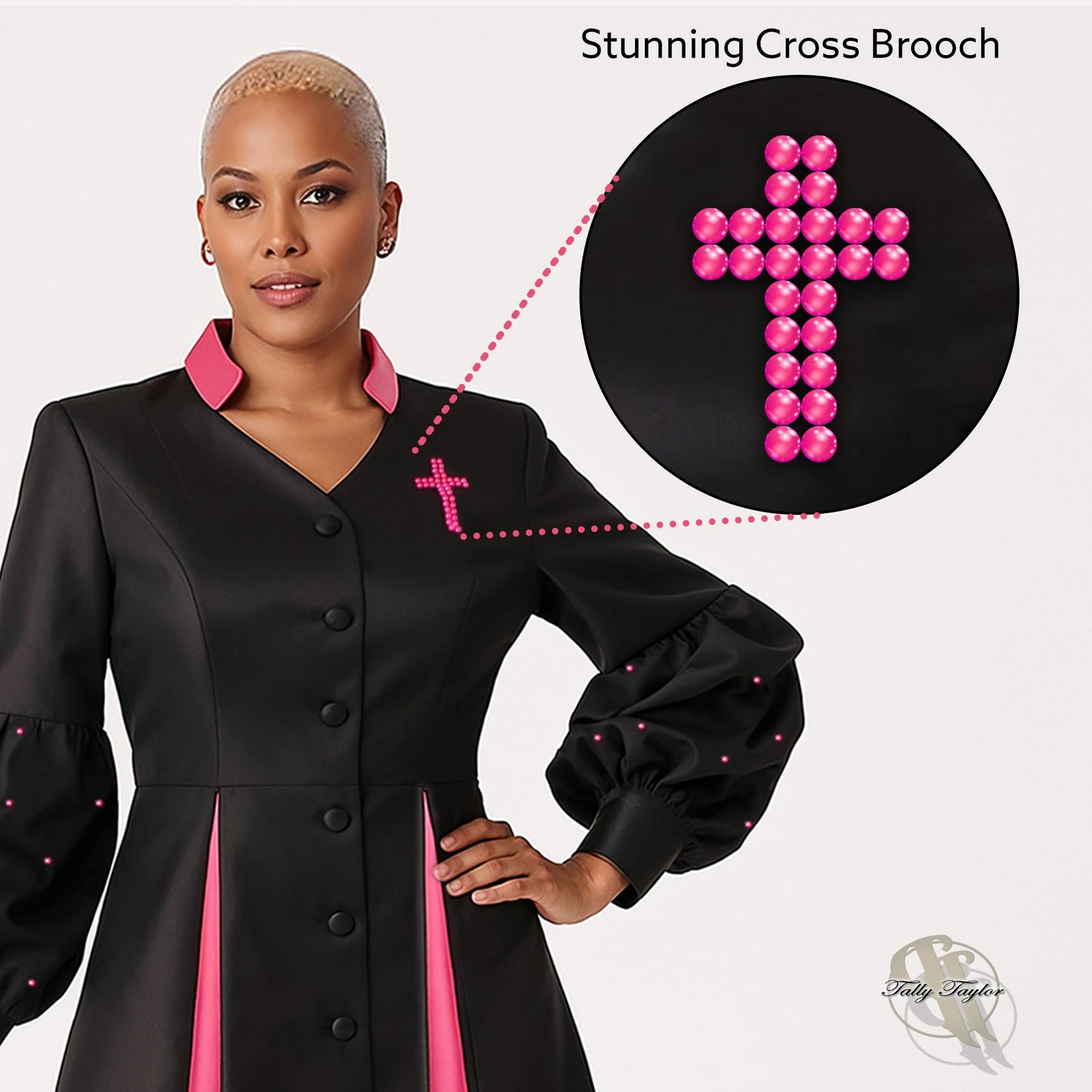Cross brooch detail with pearl accents for women's modern cassock robe — Tally Taylor