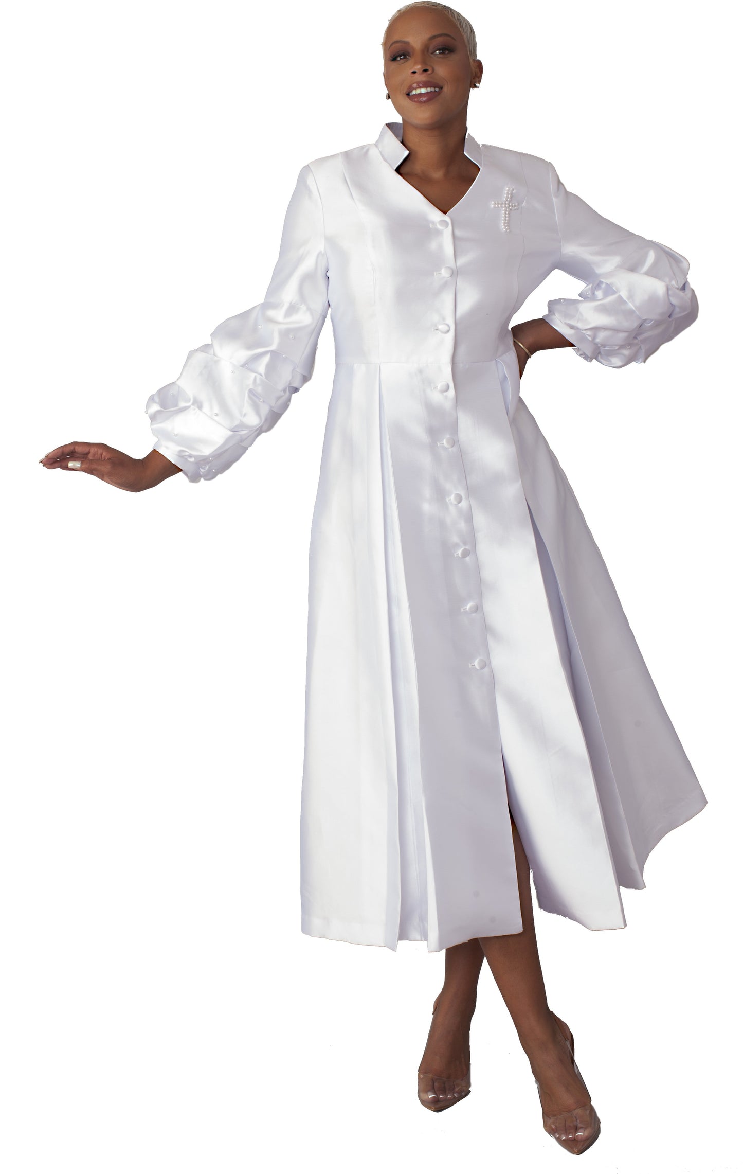 White women's modern cassock robe with bishop sleeves and pearl accents, model front view with arm extended — Tally Taylor