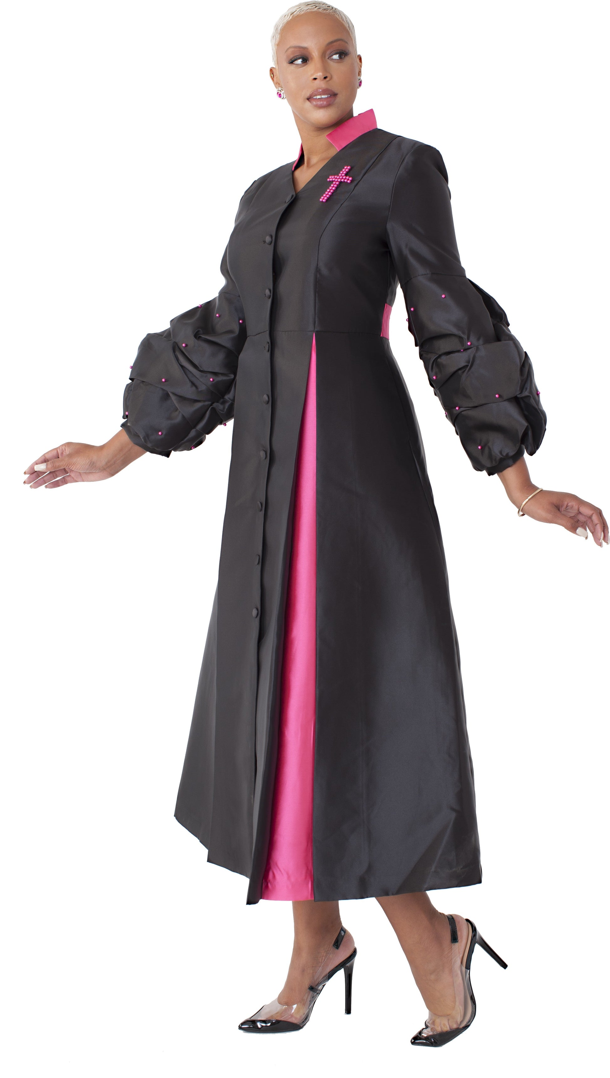 Black plus size modern cassock robe with fuchsia trim panel and bishop sleeves, model standing with arms slightly open — Tally Taylor