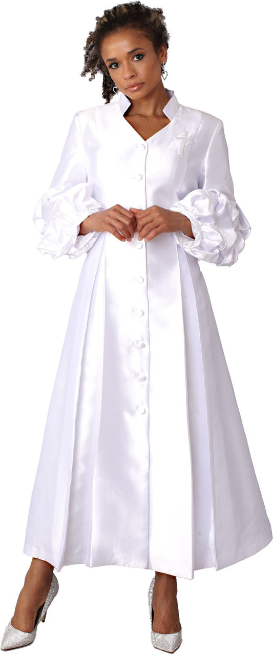 White plus size modern cassock robe with bishop sleeves and pearl accents, model front view with hands clasped — Tally Taylor