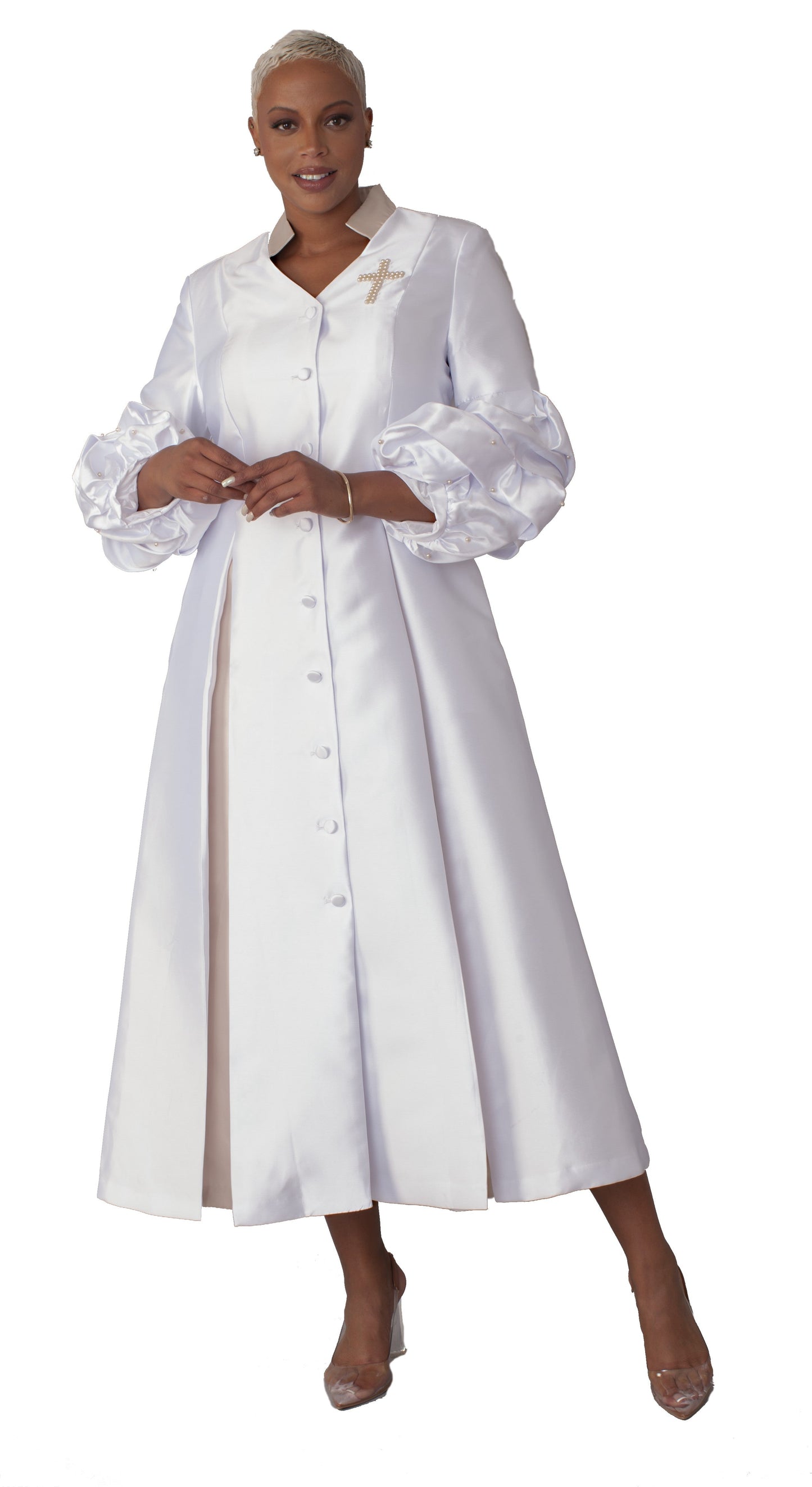 White plus size modern cassock robe with bishop sleeves and pearl accents, model front view with hands together in prayer pose — Tally Taylor