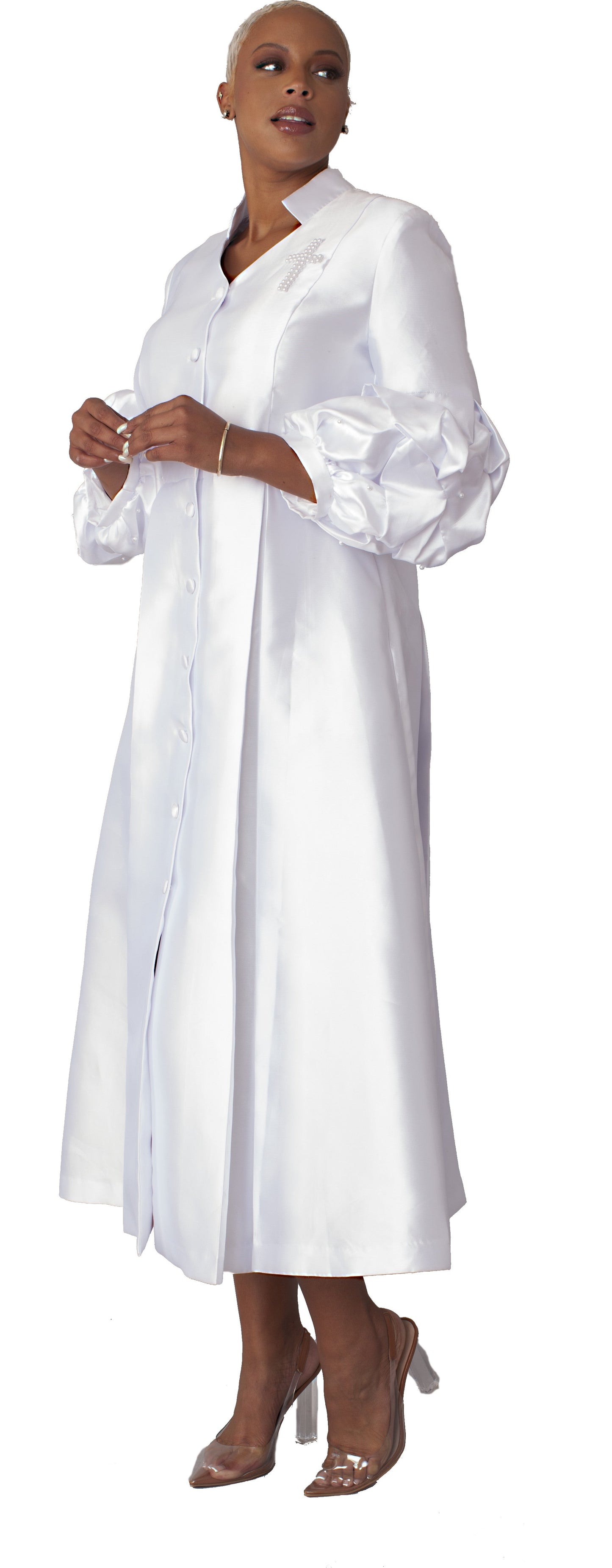 White plus size modern cassock robe with bishop sleeves and pearl accents, model standing front view — Tally Taylor