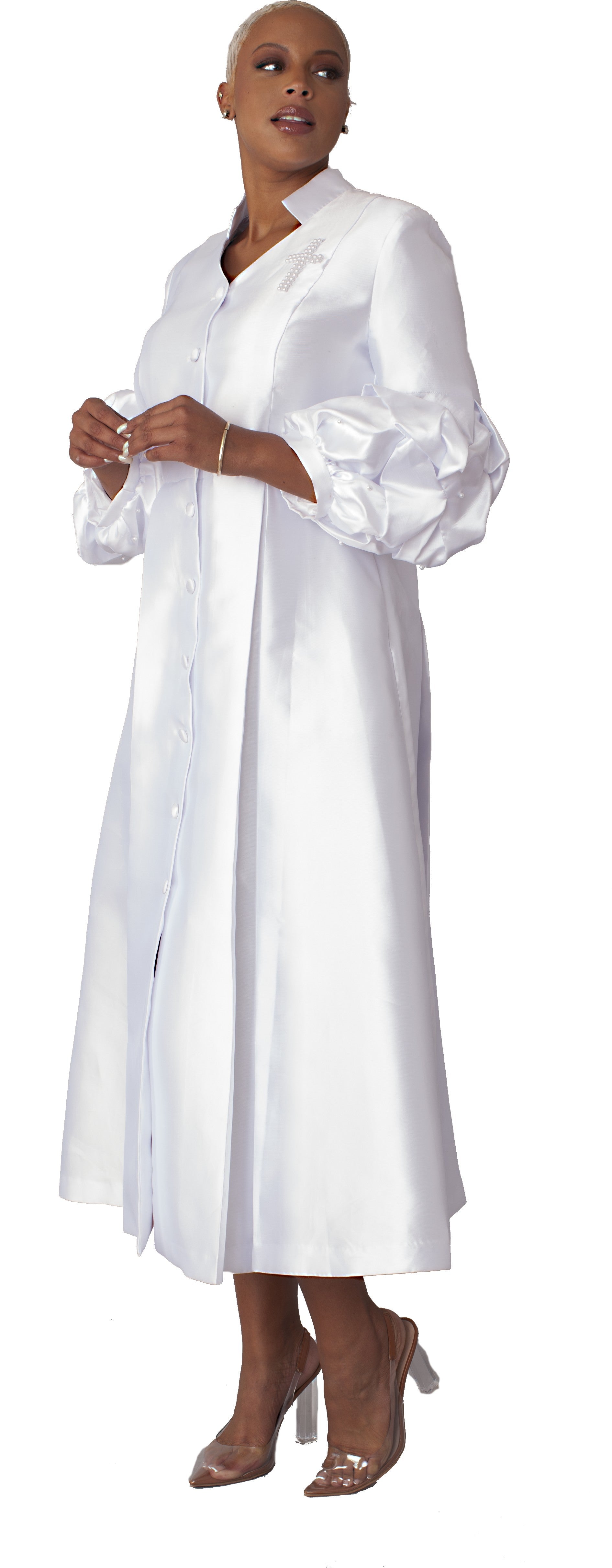 White plus size modern cassock robe with bishop sleeves and pearl accents, model standing front view — Tally Taylor